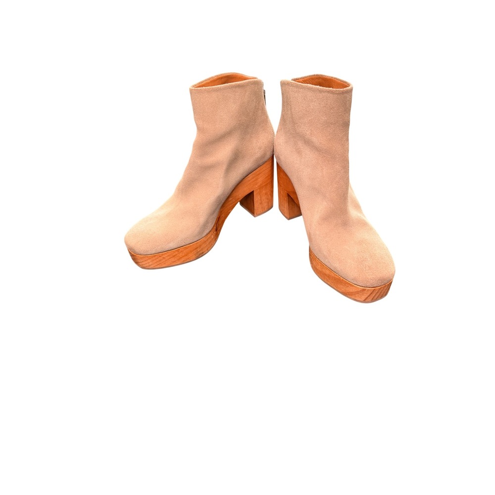 Coclico Suede Clog Ankle Boots Wood Platform Chunky Heel Beige Size 9